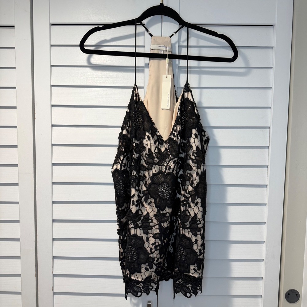 Lavender Brown Sossana Crochet Blouse Black Lace Racerback Camisole XL Halter